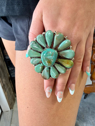 Tibetan German Silver Turquoise Cluster Ring | Adjustable Large Statement Ring | Southwestern Jewelry