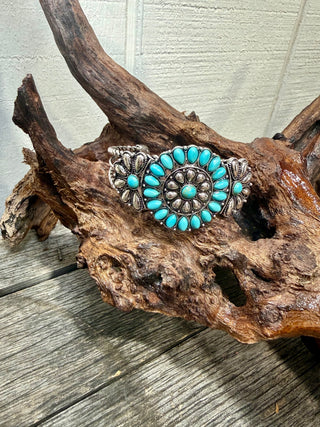 Turquoise Cluster Cuff Bracelet | Western Silver Statement Cowgirl Bracelet