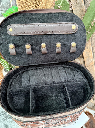 Cowhide & Tooled Leather Makeup and Jewelry Box Combo – Large Travel Case