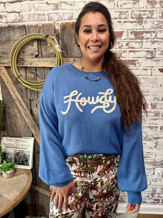 Blue Howdy Western Graphic Bell Sleeve Sweater – Cozy Cowgirl Pullover