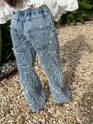 Star Patch Boho Denim Jeans | Loose Fit Frayed Star Wide Leg Jeans