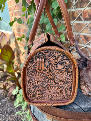 Tan Floral Tooled Leather Speedy Duffle Bag -Medium
