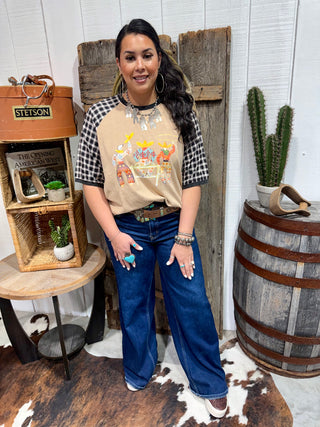 Varsity Rodeo 3 Amigos Graphic T Shirt | Western Cowboy Raglan Tee with Gingham Sleeves