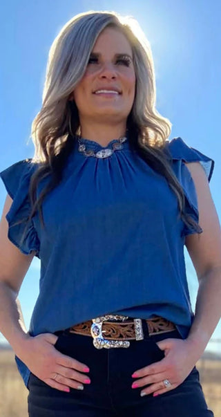Dark Wash Denim Flutter Sleeve Top | Sterling Kreek