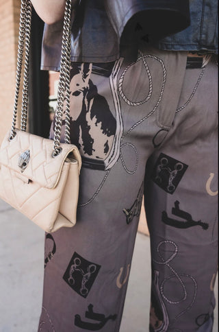 2 Fly Trail Trousers – Western Print Statement Trouser Pants with Horse & Roping Design