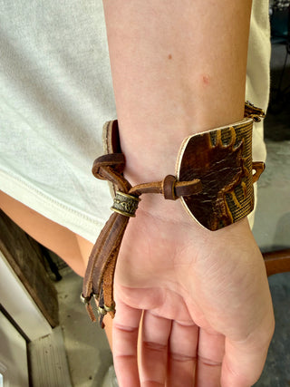 Sandra Ling Vintage Western Running Horse Leather Cuff Bracelet | Rhinestone Horse Statement Bracelet