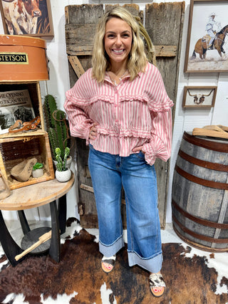 Pink Stripe Ruffle Blouse for Women | Boho Cowgirl Peplum Top