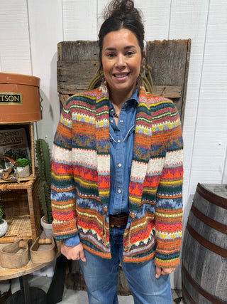 Southwest Sunset Hand-Knit Cardigan – Multicolor Western Pattern Sweater