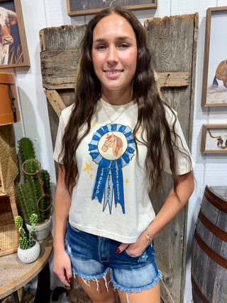 Blue Ribbon Horse Graphic Cropped Tee | Western Graphic Top