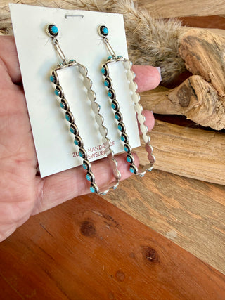 Zuni Native American Turquoise Sterling Silver Long Hoop Earrings