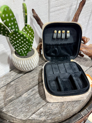 Small Western Cowhide Travel Jewelry Case | Cowhide Zip Jewelry Organizer for Rings, Earrings & Accessories- Black or Brown  Inside 