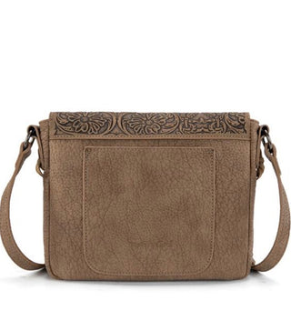 Back of Trinity Ranch Hair-On Hide Crossbody Bag with Concho Pockets- Khaki