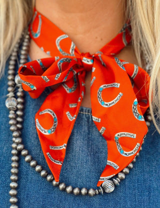 Orange Horseshoe Silk Twilly Scarf | Western Satin Neck Scarf for Cowgirls