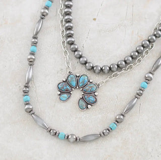 Western Turquoise Squash Blossom Layered Necklace Set – Navajo Pearl Style Beaded Silver Chain Cowgirl Statement Jewelry