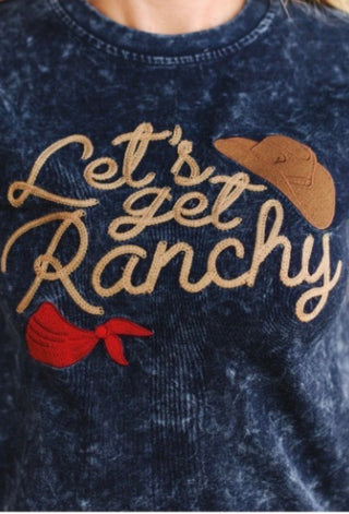 Close up of embroidery Let’s Get Ranchy Navy Mineral Wash Embroidered Tee | Western Graphic Patch Shirt – Plus Size Also 
