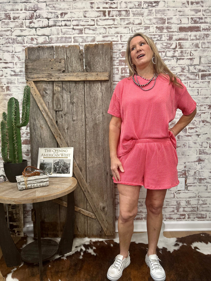 Everyday Comfy Rib Top and Short Set-Coral