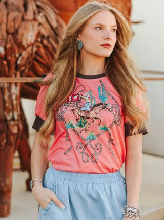 Western Cowboy Graphic Tee – Vintage Retro Horse & Wagon Shirt for Women-Coral