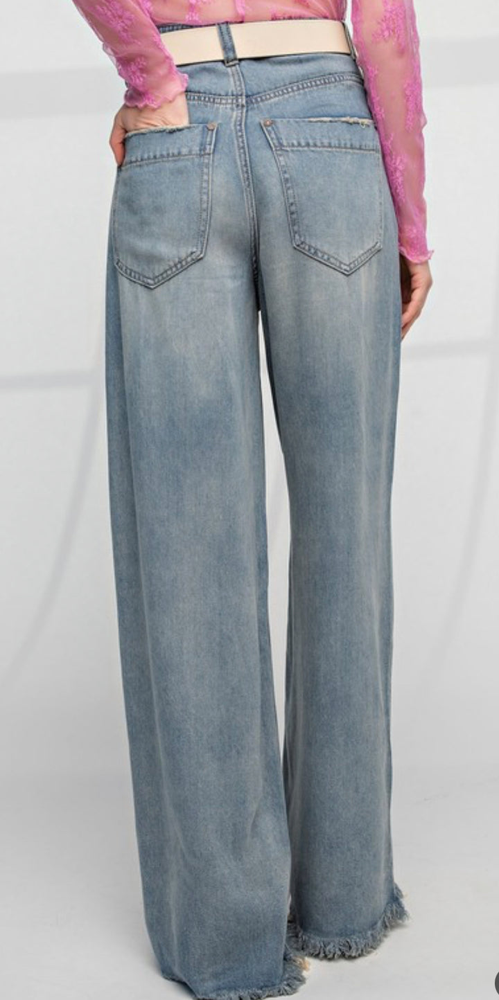 Easel SOFT WASHED WIDE LEG HIGH WAISTED DENIM PANTS