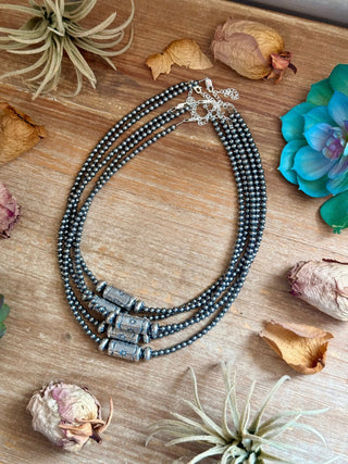 4mm Sterling Silver Pearl Necklace with Stamped Barrel Bead - Barbwire n Bougie Boutique