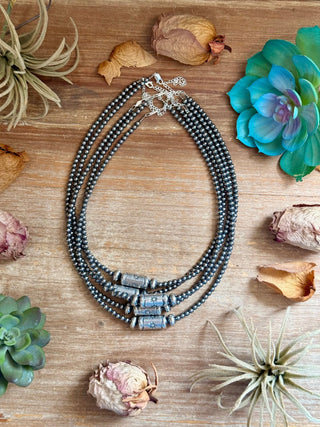 4mm Sterling Silver Pearl Necklace with Stamped Barrel Bead - Barbwire n Bougie Boutique