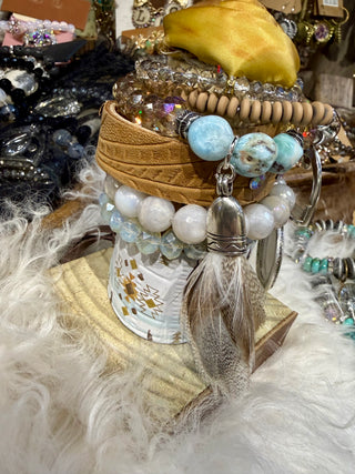 Sandra Ling Western Bracelet Stack – Set of 7 | Horse Charm, Stirrup, Feather Tassel & Leather Cowgirl Bracelets