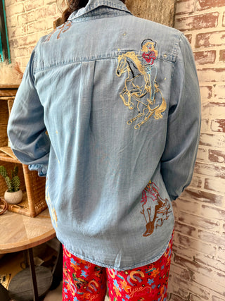 Embroidered Cowgirl & Rodeo Denim Button Down Shirt – Western Rodeo Style