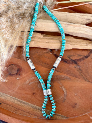 Turquoise Heishi & Stamped Sterling Silver Jocla Necklace