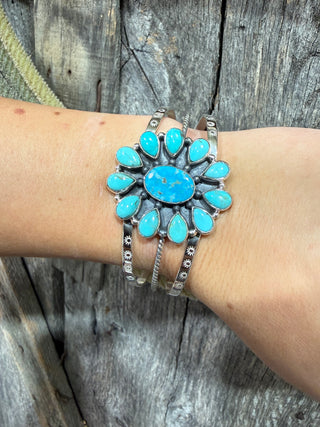 Large Sterling Silver Turquoise Cluster Cuff Bracelet | Golden Hills, Sonoran Gold & Kingman Turquoise
