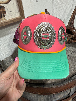 Western Concho Trucker Hat – Pink & Turquoise Mesh Snapback with Silver Conchos