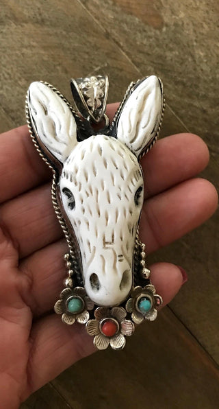 Carved Bone Donkey Pendant | German Silver Western Jewelry
