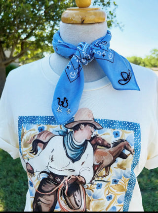 Hand Embroidered Cowboy Blue Wild Rag Scarf with Horseshoe & Hat Embroidery | Western Neckerchief Bandana