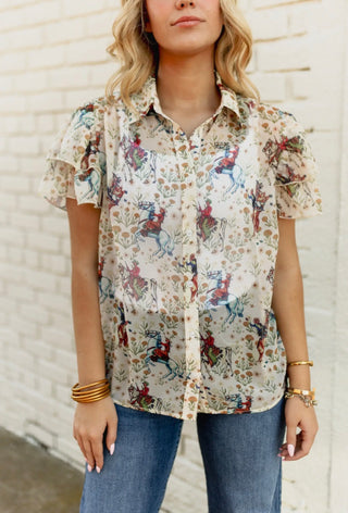 Cowgirl Print Flutter Sleeve Blouse | Vintage Western Print Button Front Top