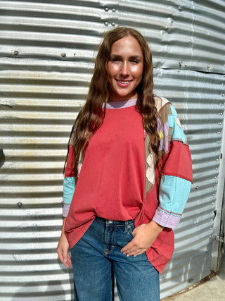 Rust Bloom Patchwork Floral Top | Boho Western Oversized Tunic