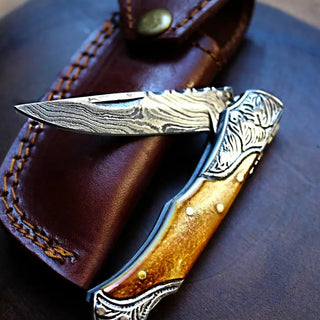 Damascus Steel Handmade Pocket Knife with Burnt Bone Handles