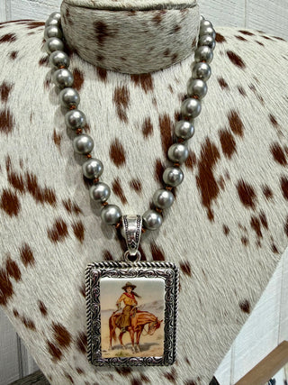 Cowgirl Art Pendant Navajo Pearl Necklace | Western Vintage Cowgirl Statement Jewelry