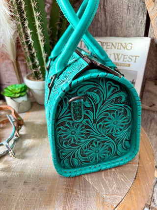 Medium Turquoise Tooled Leather Speedy Duffle Bag-Medium