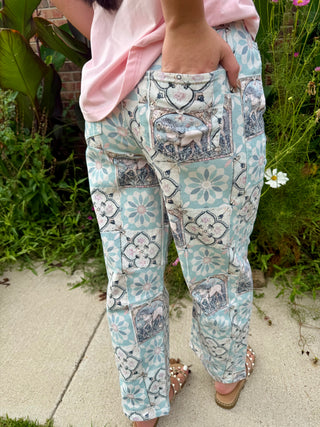 Vintage Horse Tile Patchwork Straight Leg Jeans