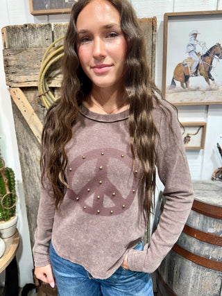 Peace Out Vintage Studded Thermal Top- Brown