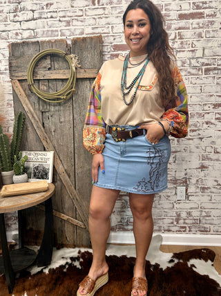 Short Denim Skirt With Boot Stitch Detail