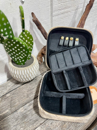 Small Western Cowhide Travel Jewelry Case | Cowhide Zip Jewelry Organizer for Rings, Earrings & Accessories- Black or Brown Inside