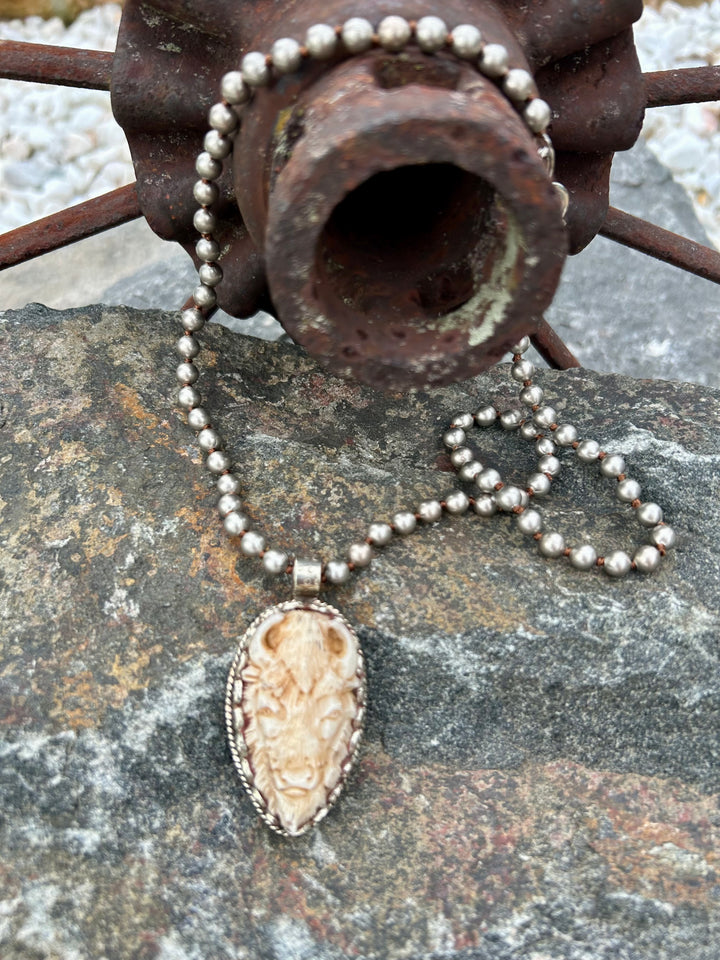 Carved Bone Tibetan Buffalo Necklace