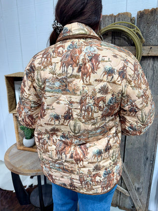 Cowboy Desert Print Quilted Jacket – Western Ranch Scene Puff