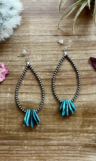 Turquoise Teardrop & Sterling Silver Pearl Hoop Earrings – 4”