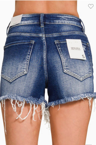 Dark Wash Distressed Frayed Hem Denim Shorts | High Rise Stretch Western Boutique Shorts