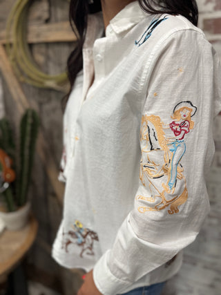 Yippee Ki Yay Embroidered Linen Blouse-White