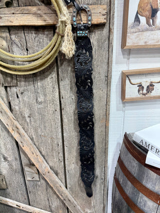 Black Turquoise Filigree Tooled Leather Wide Western Belt