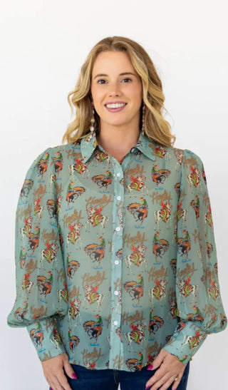 “Howdy Cowboy Print Western Button-Down Blouse – Vintage Rodeo Cowgirl Shirt