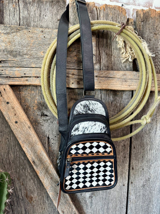 Black & White Checkered Leather Backpack Sling Bag – Western Cowhide Crossbody