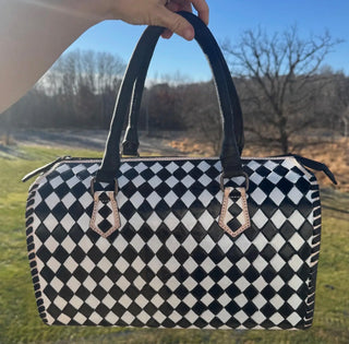 Medium Black & White Checkered Leather Speedy Bag – Handwoven Western Duffle