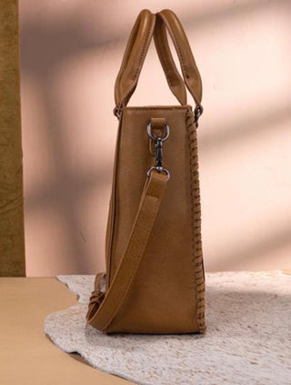 Side of Trinity Ranch Floral Tooled Western Tote -Light Brown- Cognac